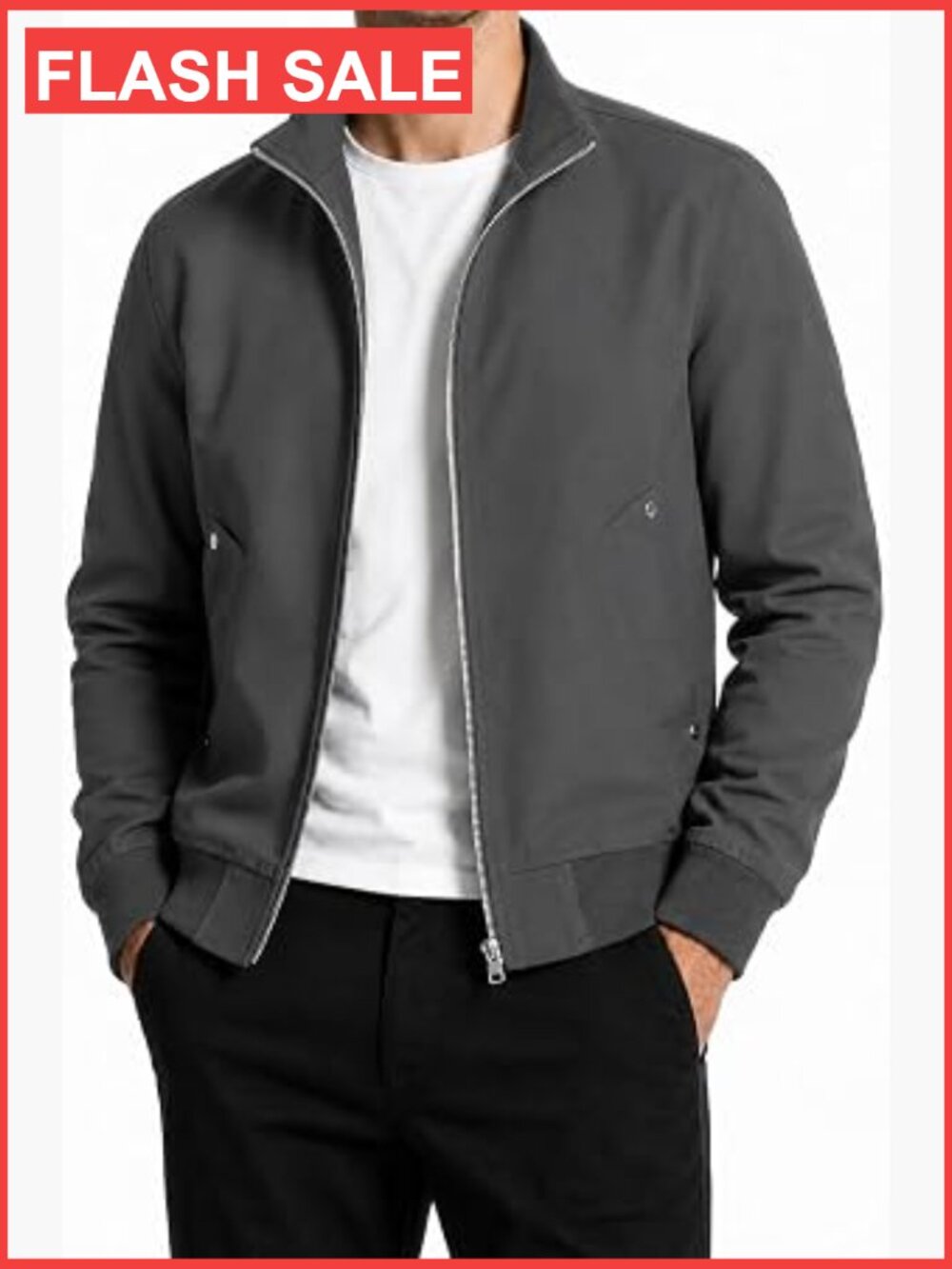 Men's Lightweight Zip Up Bomber Jacket Casual Windbreaker Stand Collar Ribbed